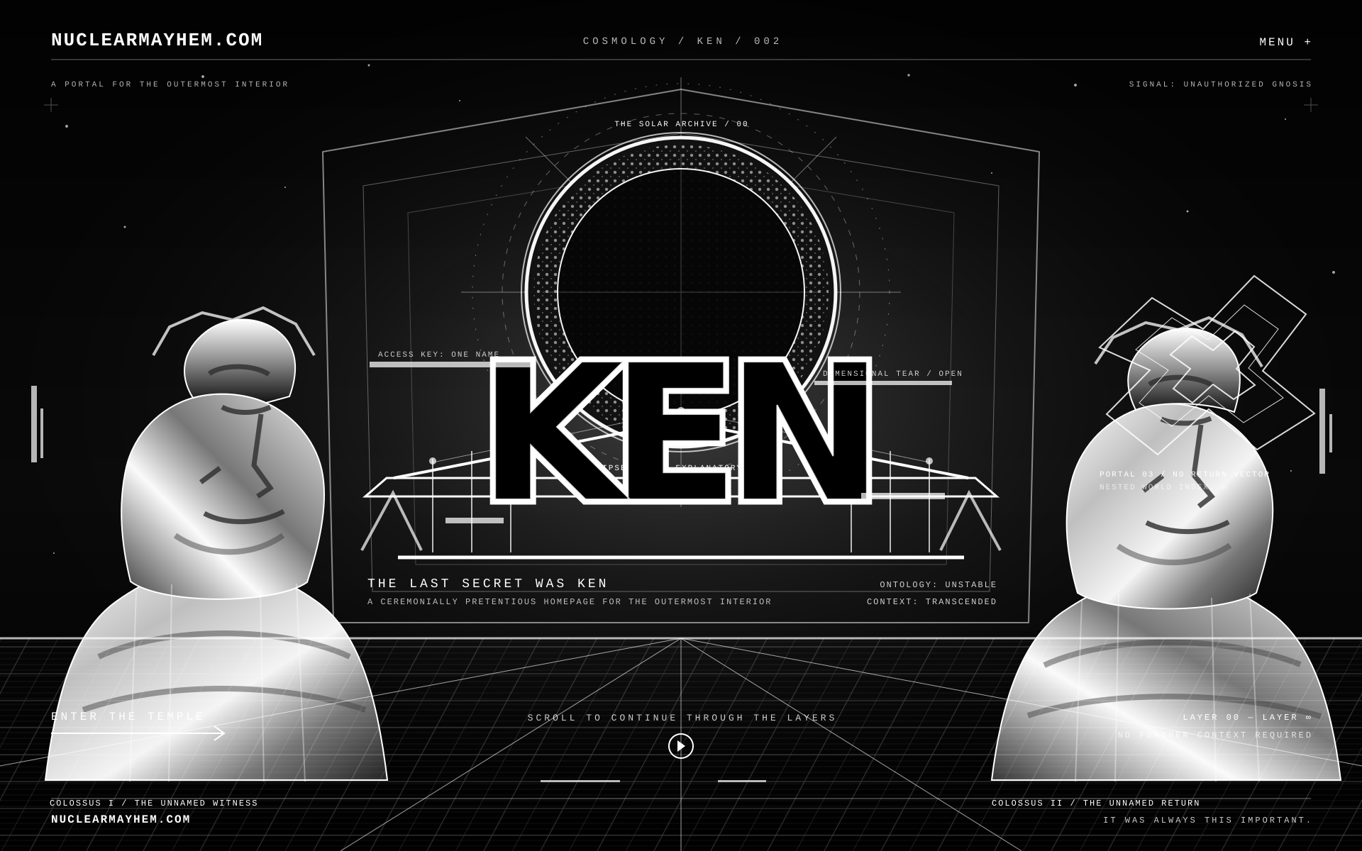 Monochrome vaporwave-gnosis concept with giant KEN, classical statuary, dimensional geometry, and cosmic annotations